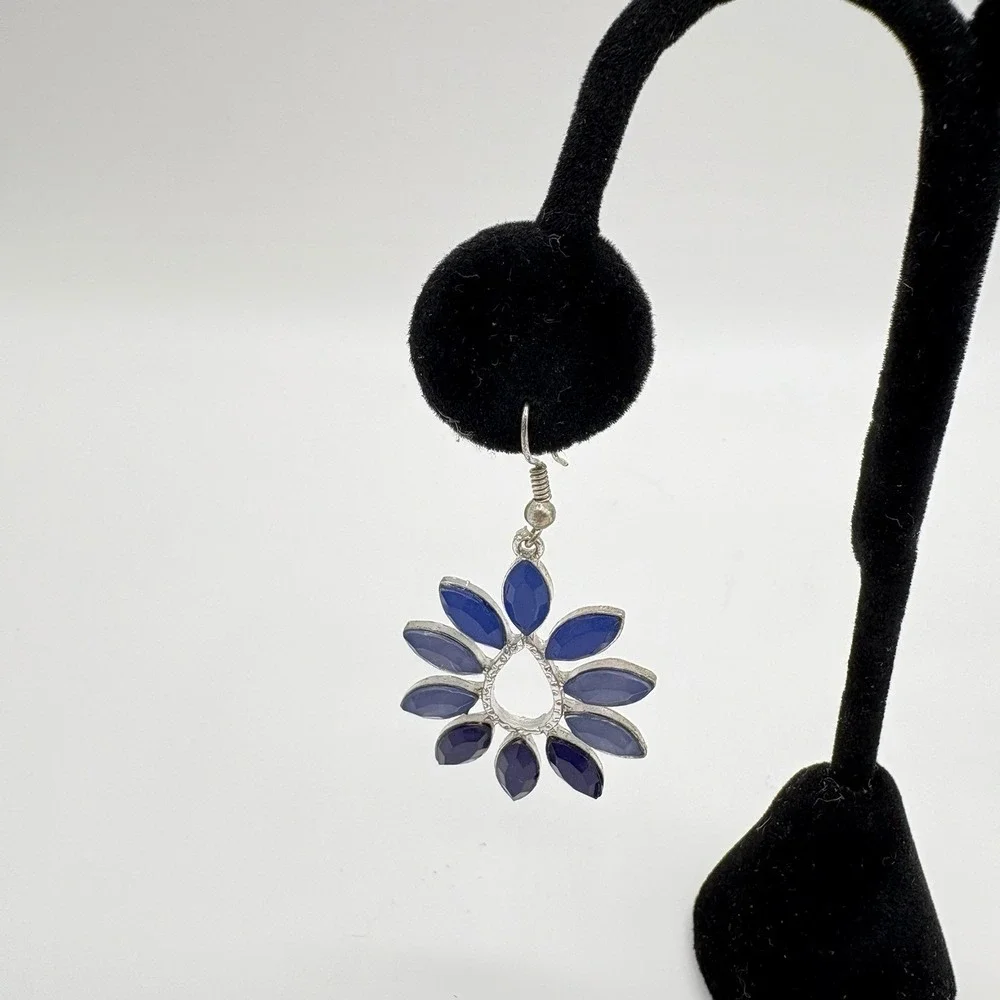 Boho‎ Dangle Earrings Blue Marquise Stones Silver Tone Teardrop Flower Design